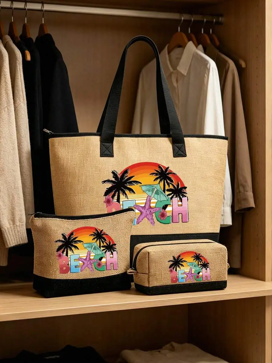 Beach Tote Bag Set With Cosmet - Travel Accessories Pouch For Women reseña y precio